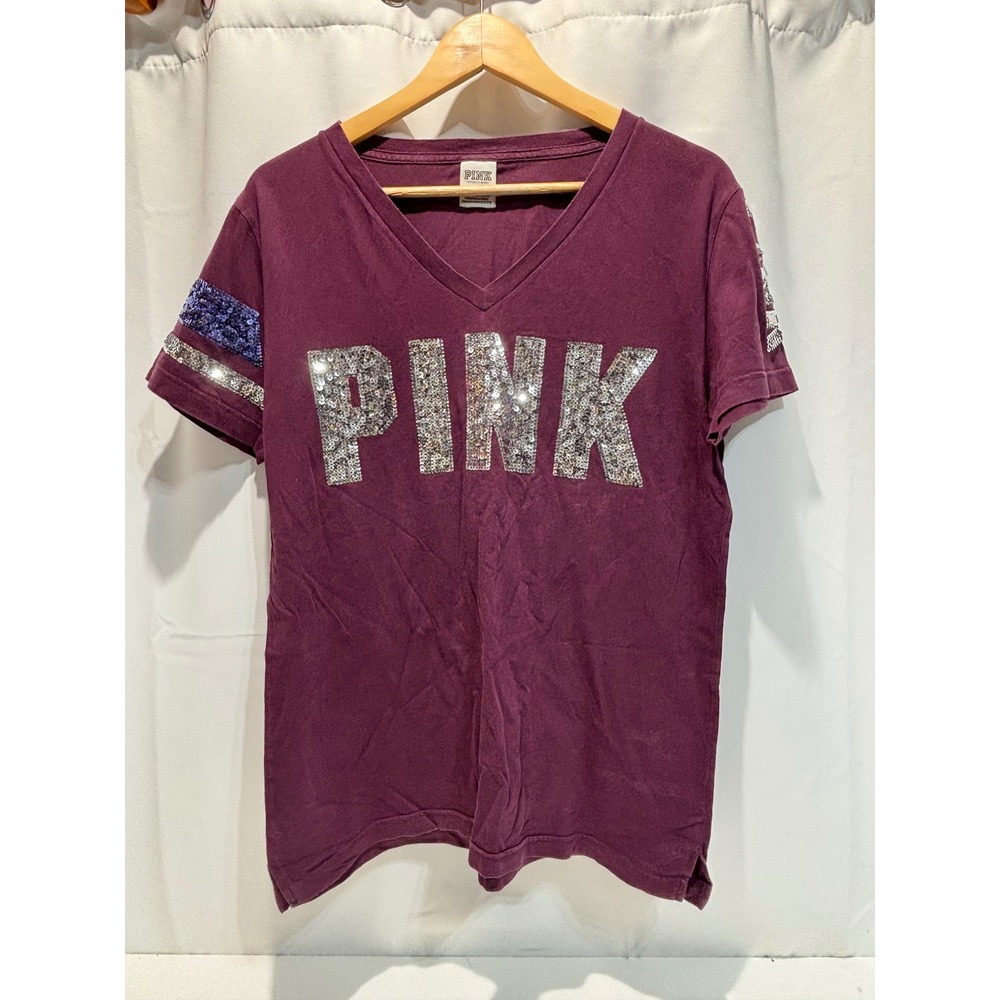 PINK Victoria's Secret V-Neck T-Shirt Women Small Purple Sequin Logo Tee y2k
